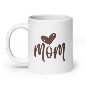 "brown lettering mom with heart" mug