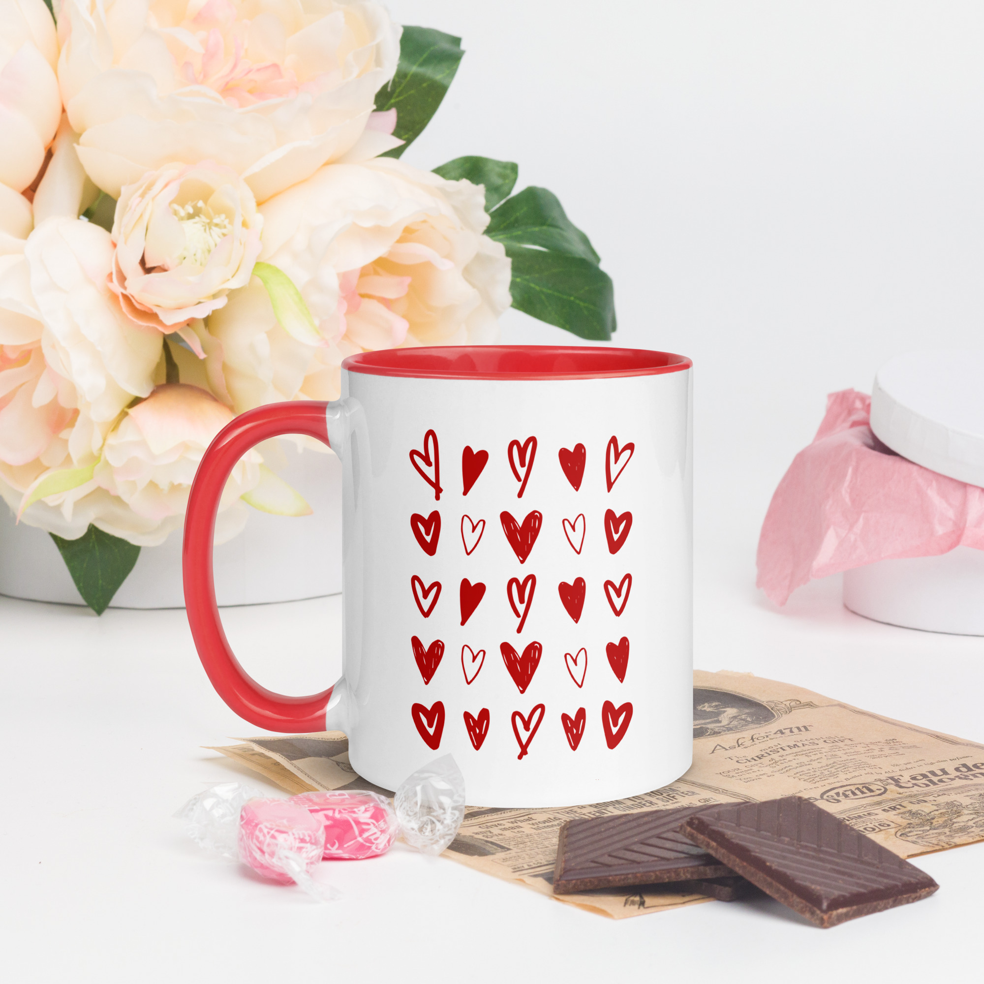 "illustrated hearts" valentine’s day mug