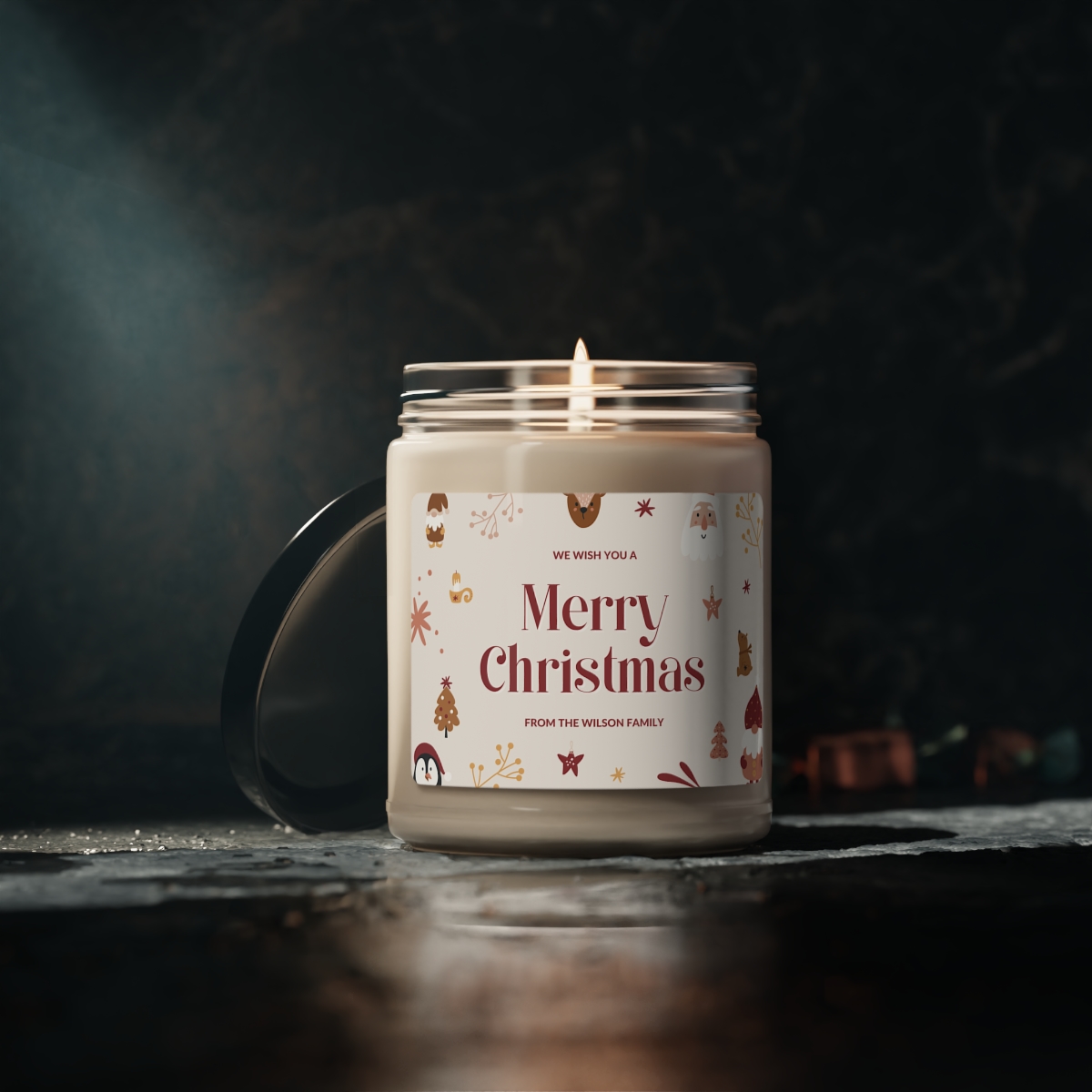 personalized "illustrated christmas greetings" scented soy candle, 9oz