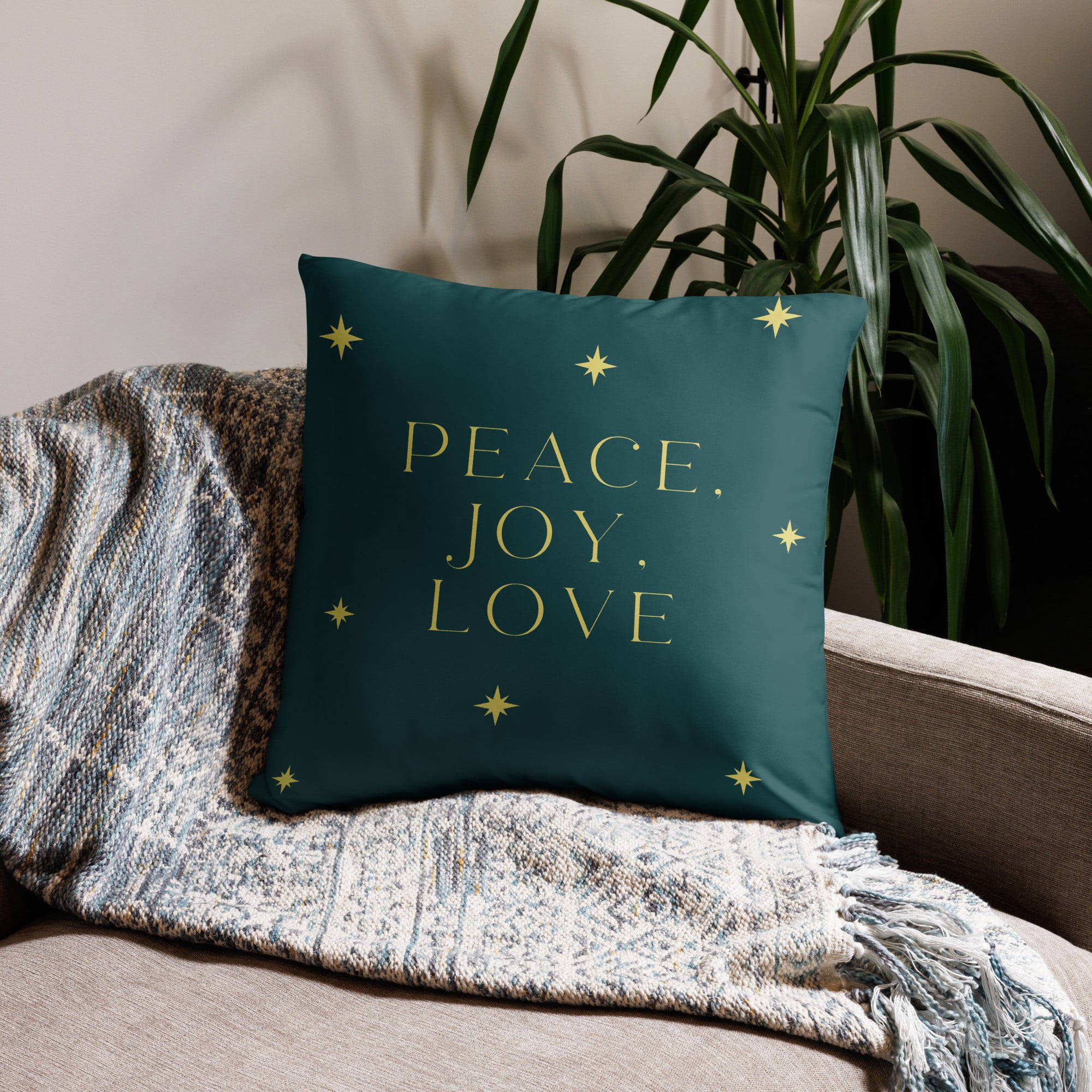 "peace, joy, love" christmas pillow